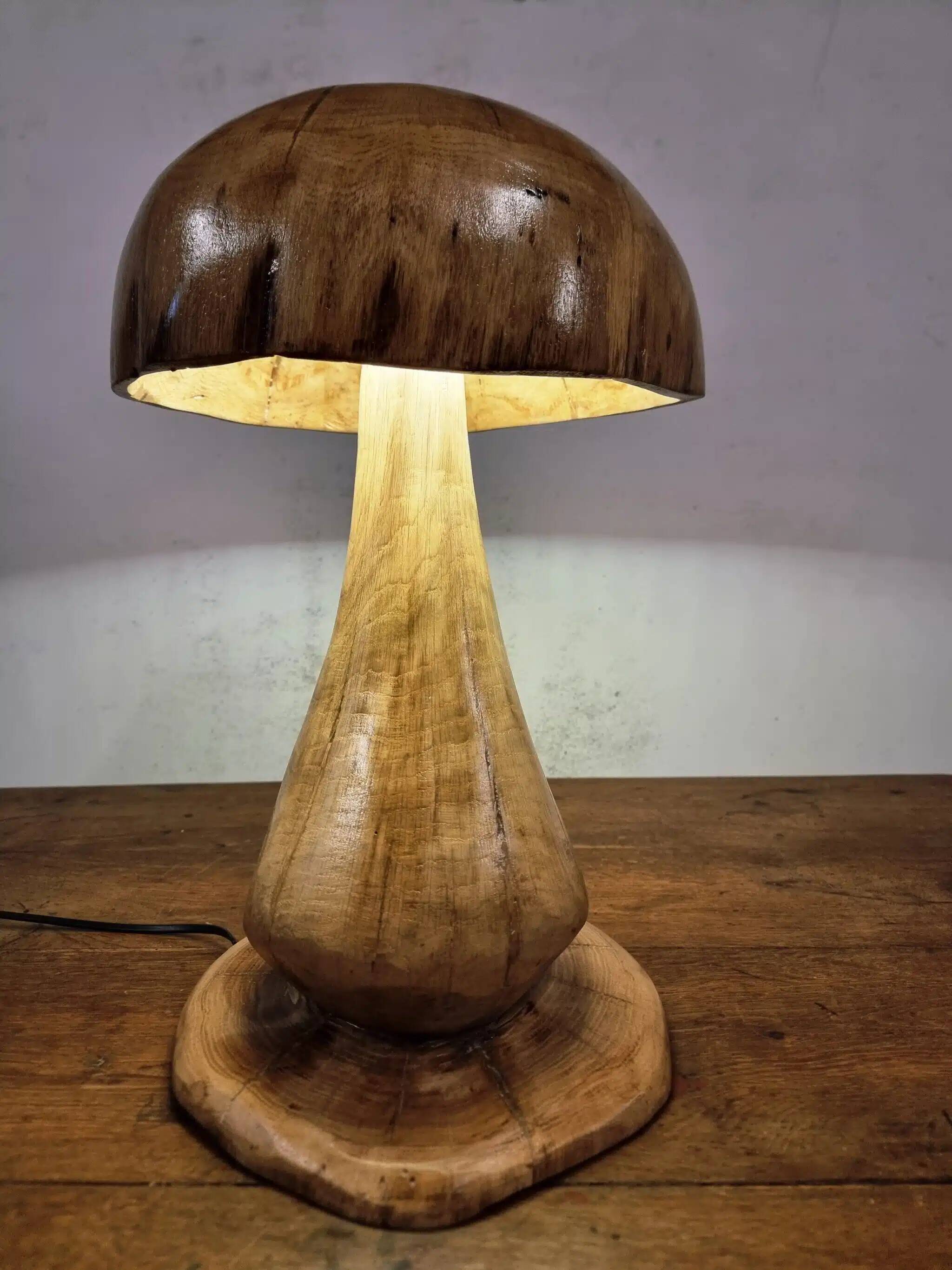 Hand-carved oak table lamp in the shape of a mushroom