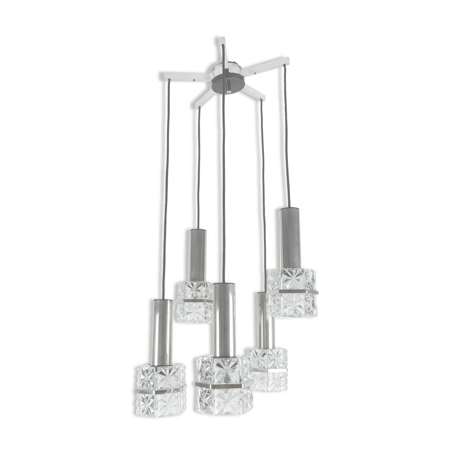 1960s mid century PENDANT LIGHT 5-light cascading lamp faceted glass and chrome