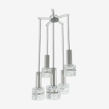 Suspension 5 lumières lampe en cascade verre facetté et chrome années 1960 milieu du siècle