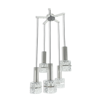 Suspension 5 lumières lampe en cascade verre facetté et chrome années 1960 milieu du siècle