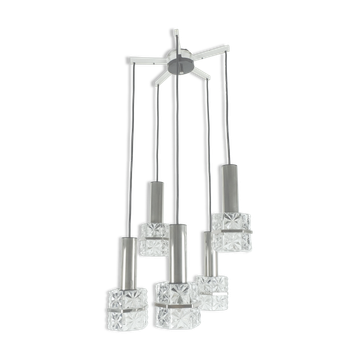 1960s mid century PENDANT LIGHT 5-light cascading lamp faceted glass and chrome