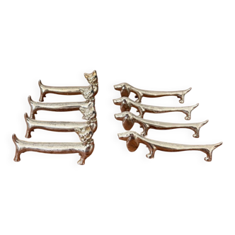 Set of 8 vintage metal dachshund dog and cat knife rests