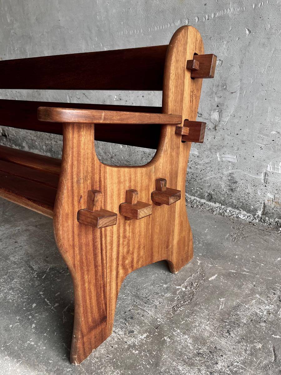Dark brown solid wood Brutalist 3-seater bench — sculptural mid-century seating (1960s/70s)