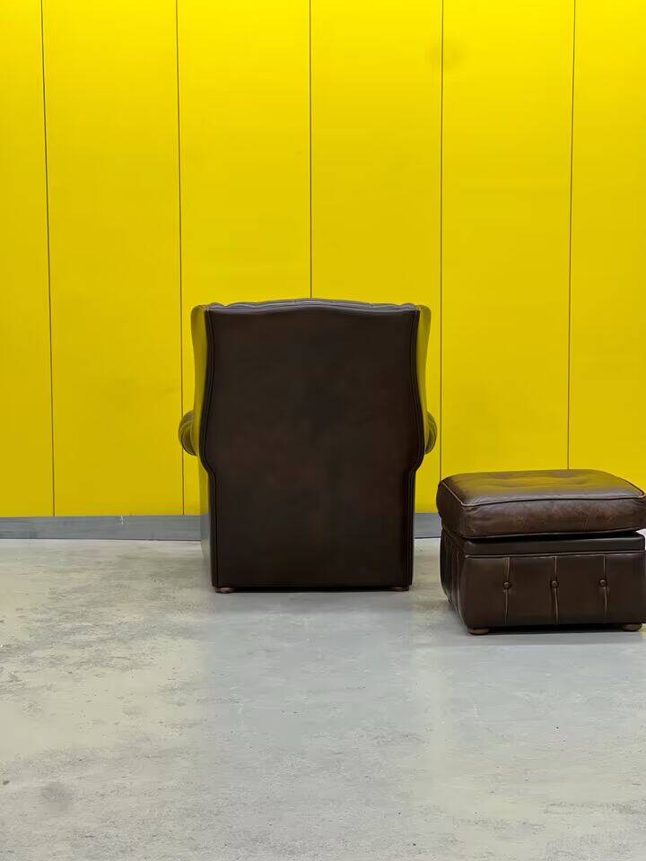 Brown leather chesterfield wing chair with Ottoman