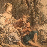 Louis XVI style trumeau in wood and gilded stucco and medallion engraving in the upper part