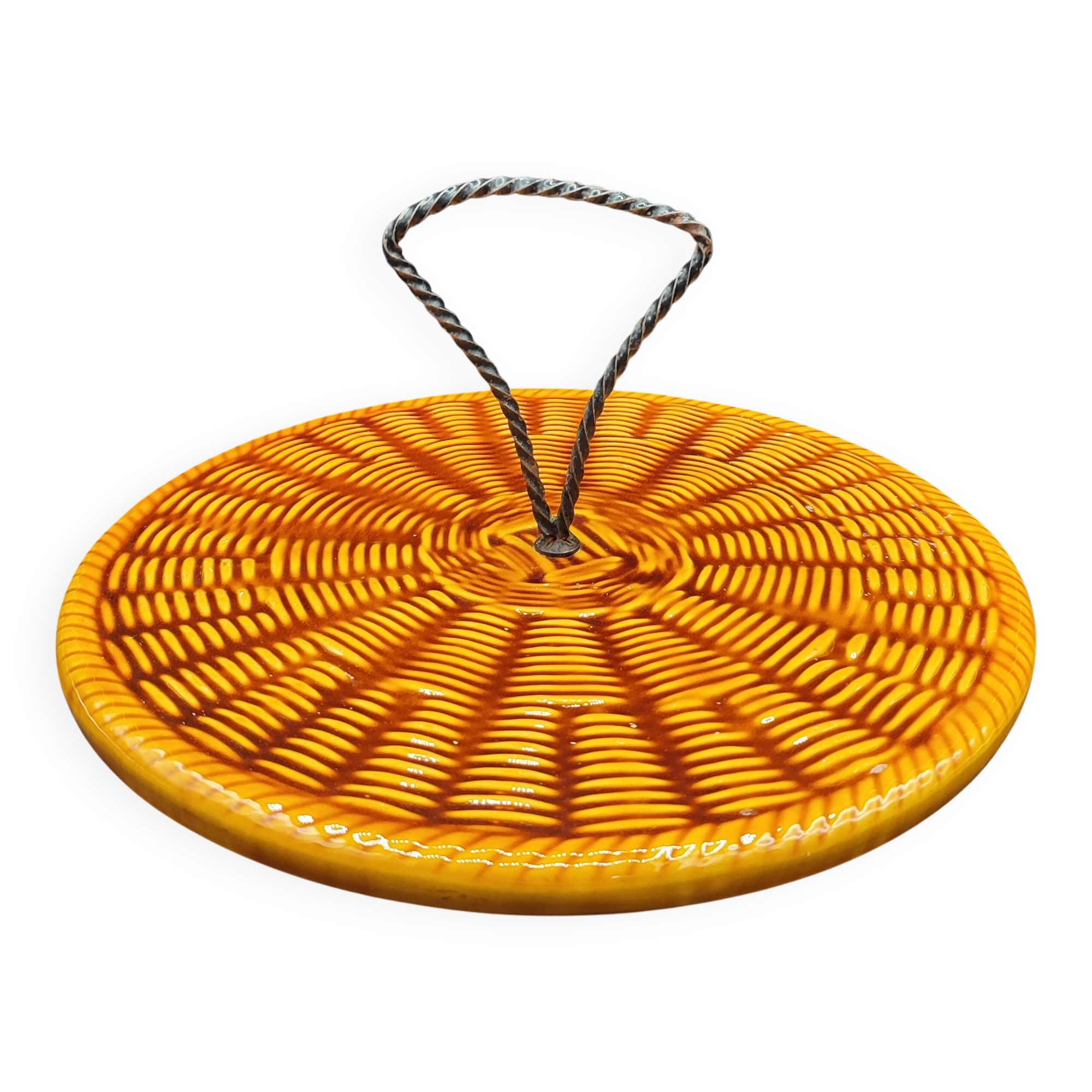 Vintage Vallauris plate, glazed ceramic in wicker style.