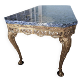 Louis XV coffee table in gilded bronze with a blue marble top (105x55 cm)