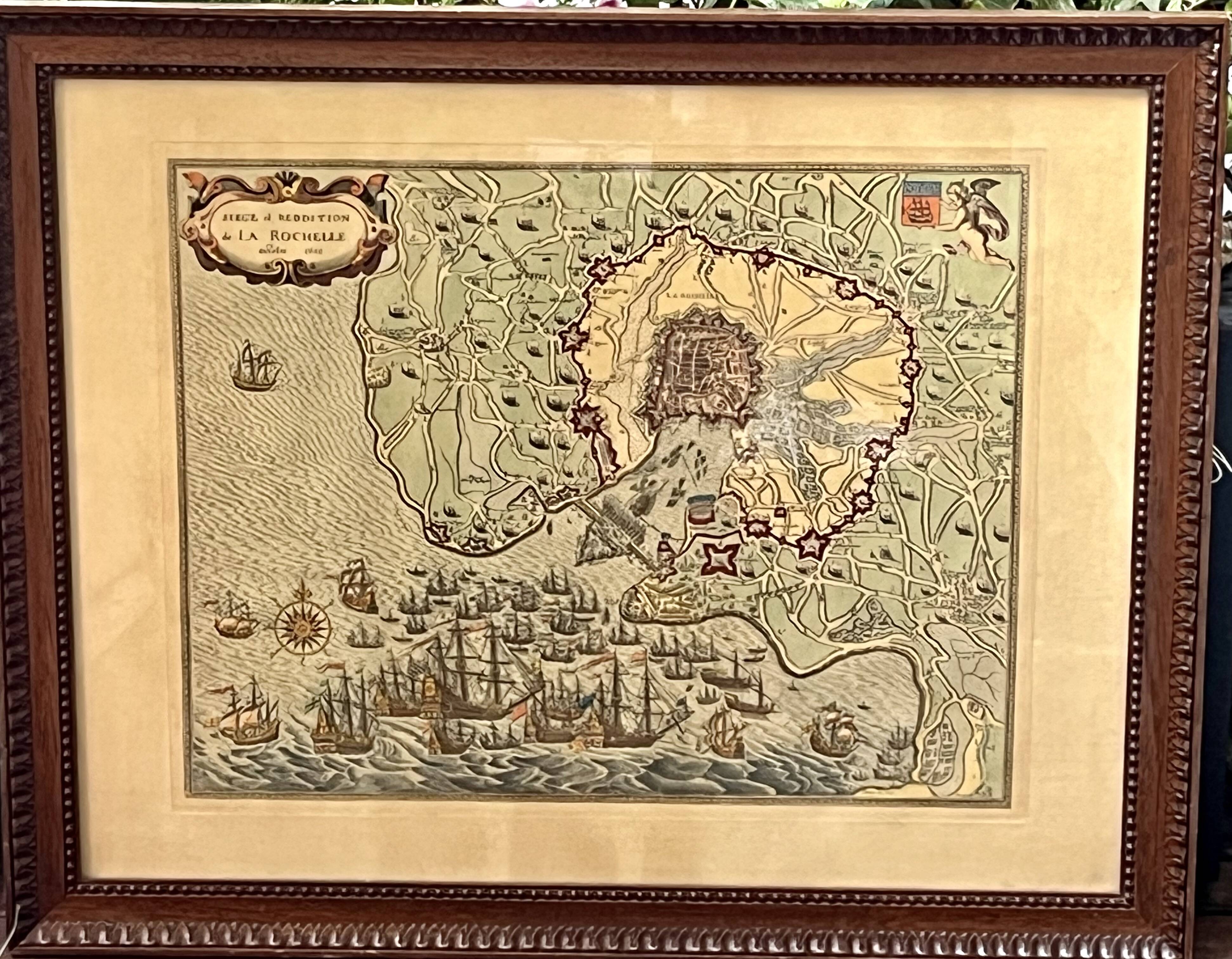 Engraving map siege & surrender La Rochelle -1628