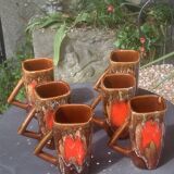 6 enamelled ceramic mugs, red and brown, Vallauris, vintage and designer
