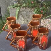 6 enamelled ceramic mugs, red and brown, Vallauris, vintage and designer