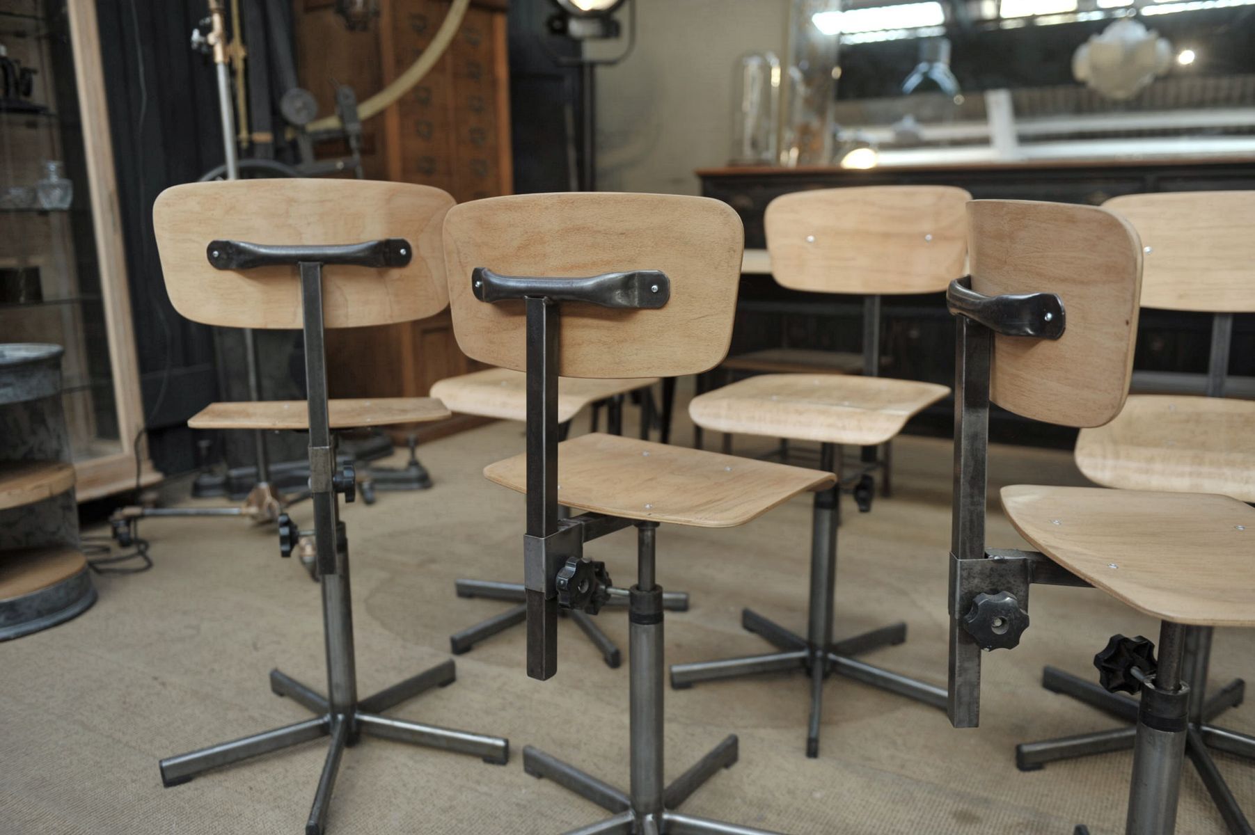 Industrial rotary and adjustable workshop chairs 1950s