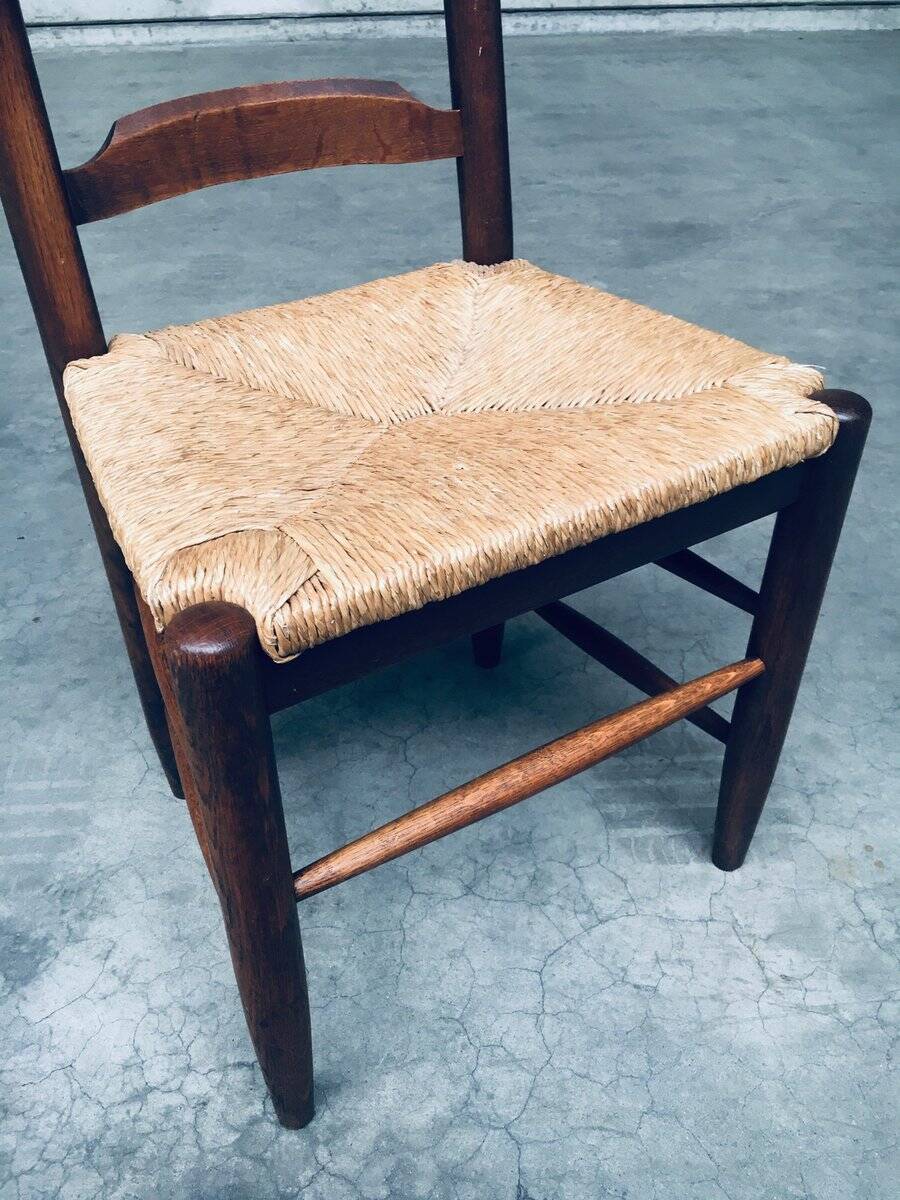 Rustic Ladder Back Oak and Rush Dining Chairs, 1960s, Set of 4