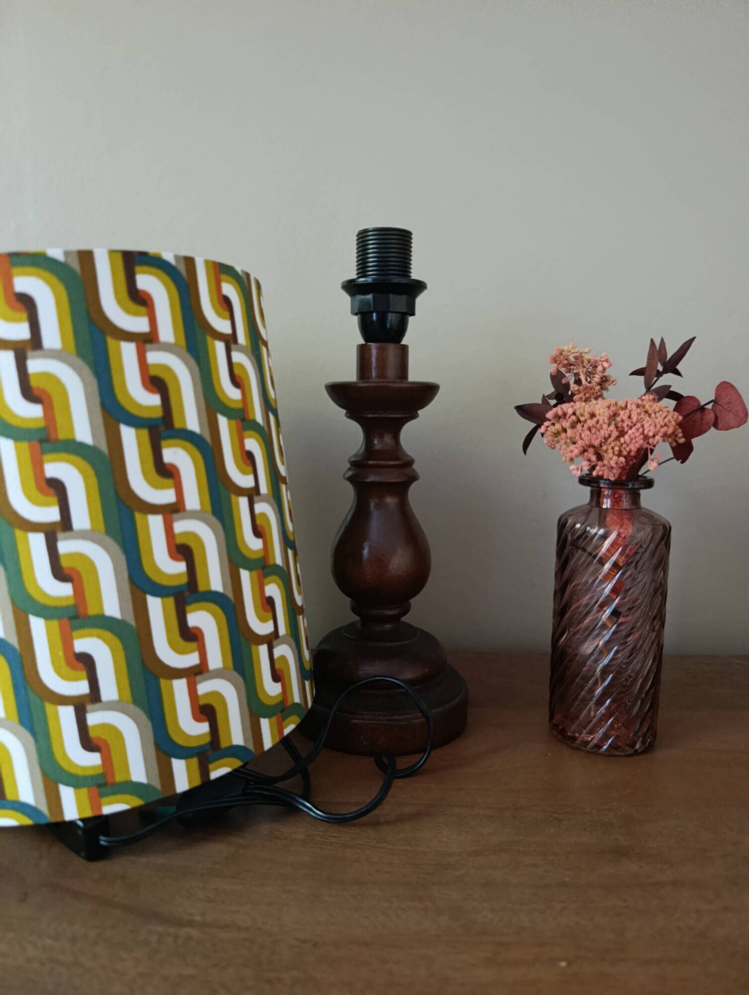 Vintage turned wood lamp, seventies graphic lampshade.