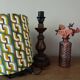 Vintage turned wood lamp, seventies graphic lampshade.