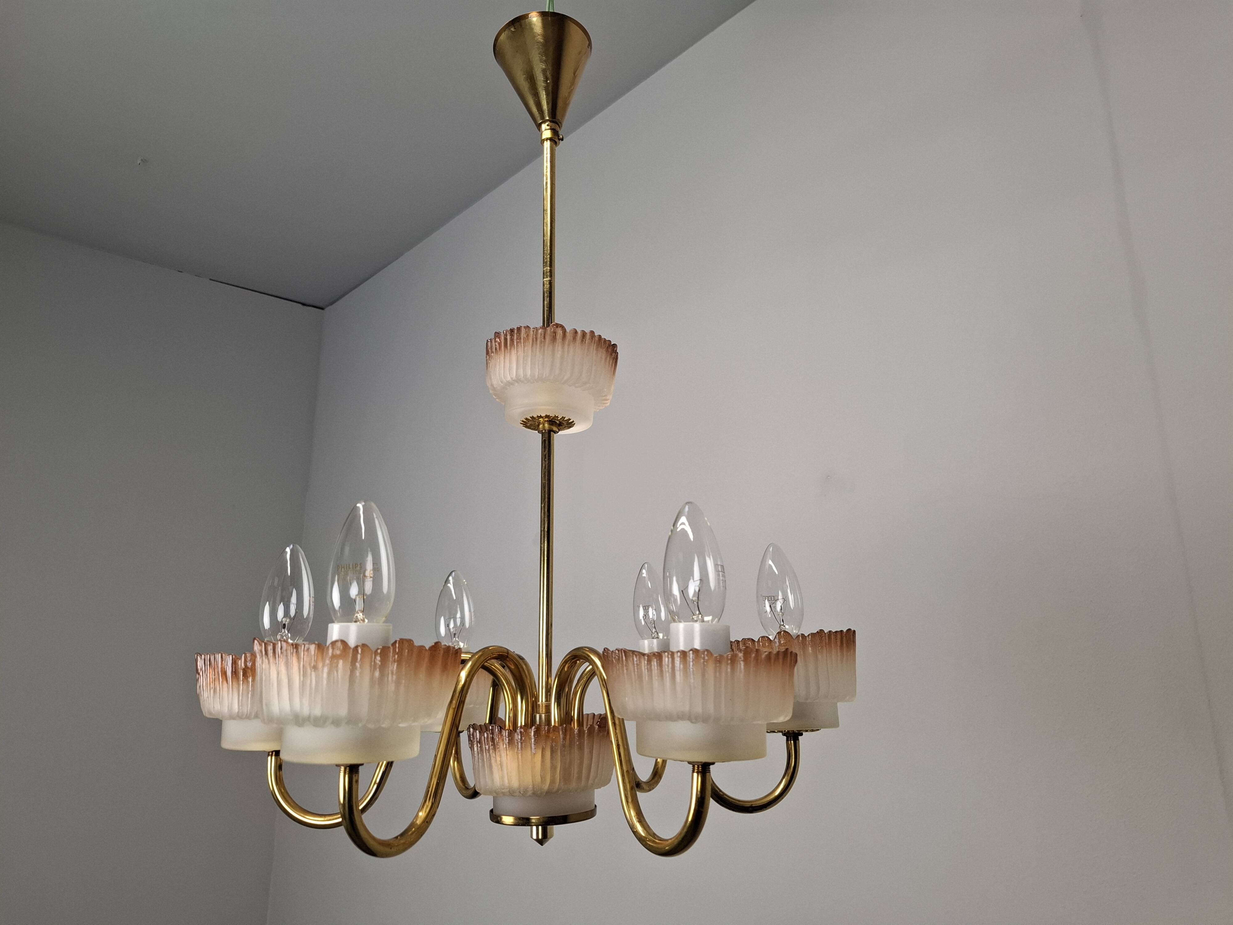 1960s Czech Mid-Century Brass and Železný Brod Frosted Glass Six-Arm Chandelier