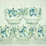 5 water glasses - decoration small blue flowers - Veronica Luminarc Arcoroc - vintage 80s