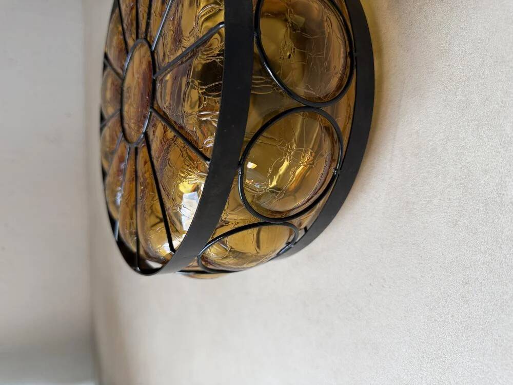 Vintage ceiling lamp amber crackle glass 1970s