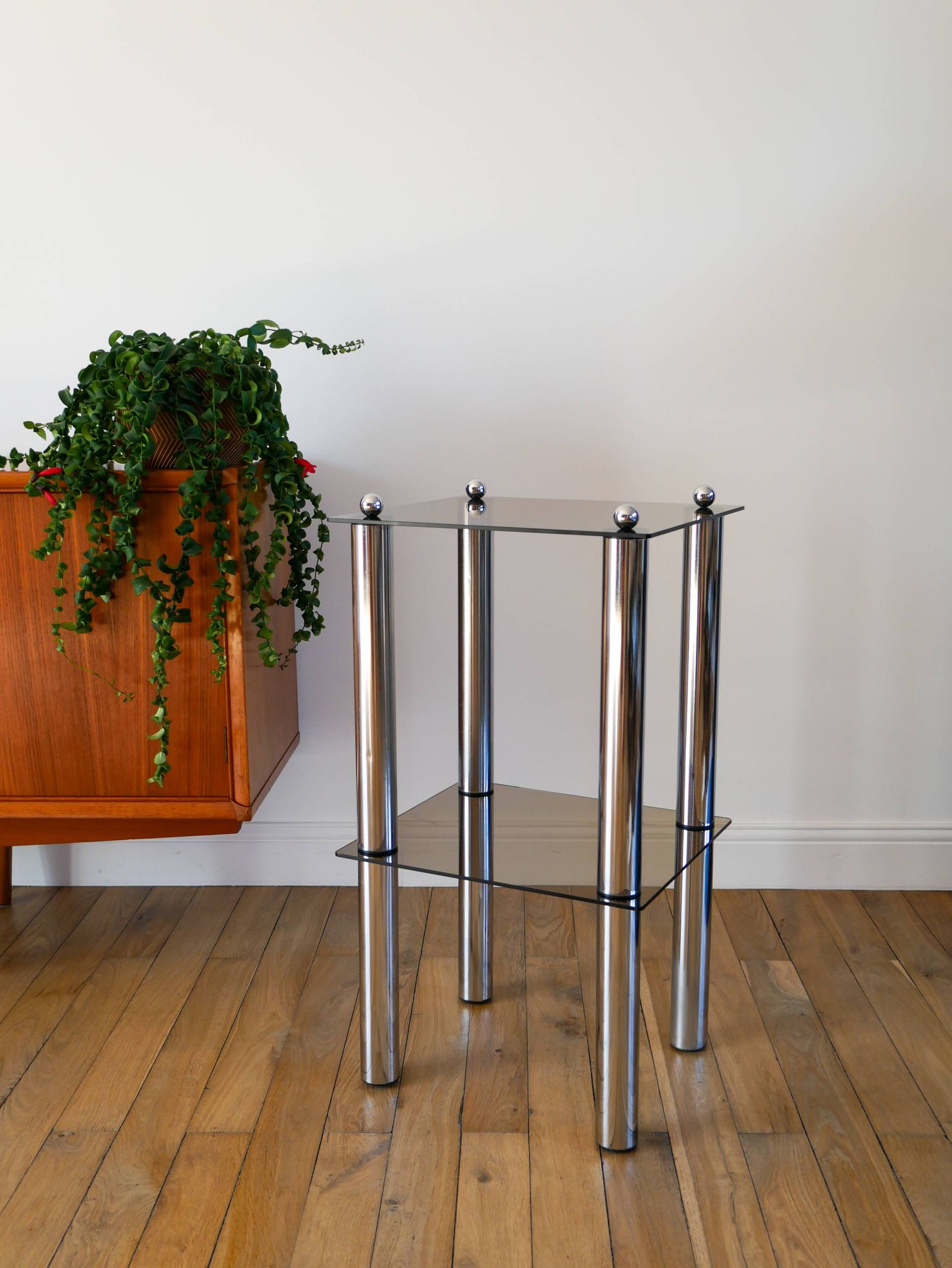 Bolster in chrome and smoked glass, double floors, Design, 1970