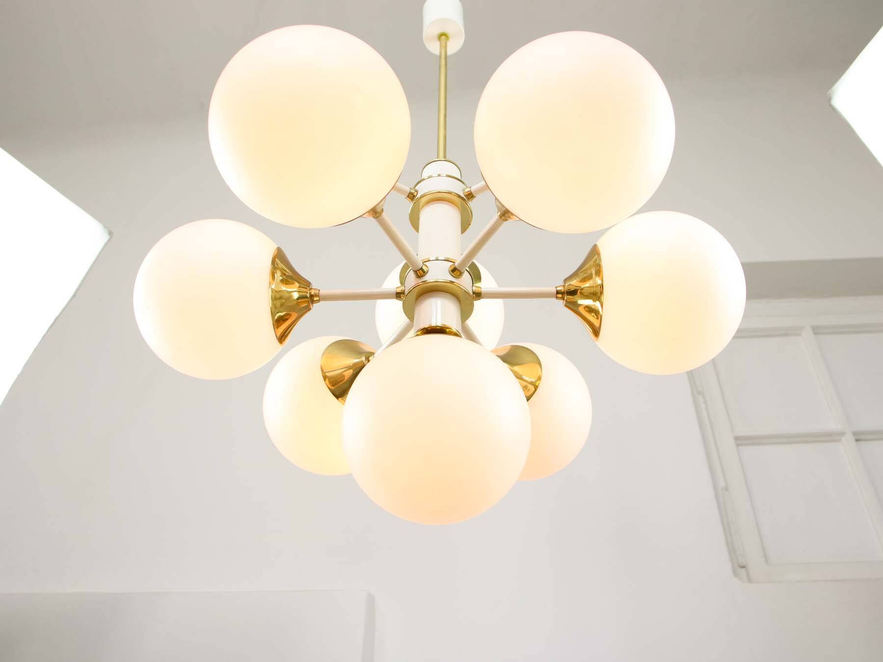 Vintage Italian Brass and Opaline 10 Arm Sputnik Chandelier, 1970s