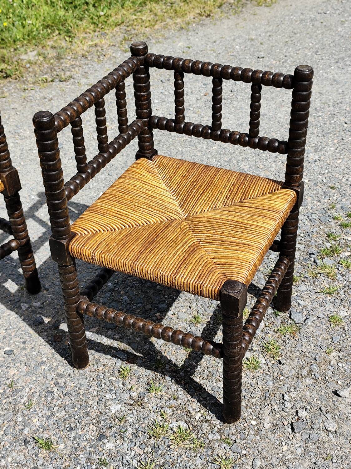 Pair of Bobbin armchairs, corner fire seat, corner