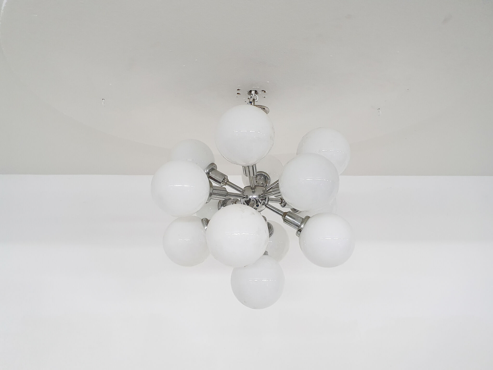 Mid-century "Sputnik" metal pendant light with 13 glass globes, 1970's