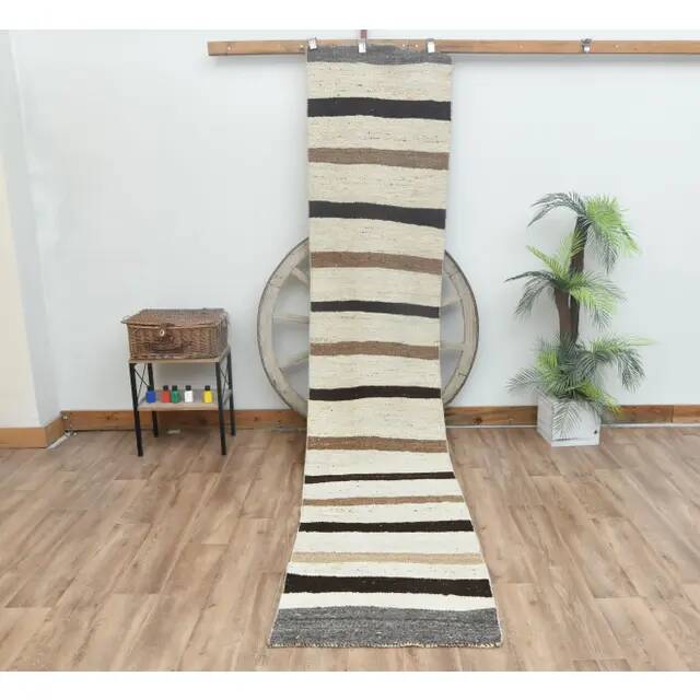 1970s Vintage Turkish Handmade Wool Cotton Beige Kilim Rug 73x345