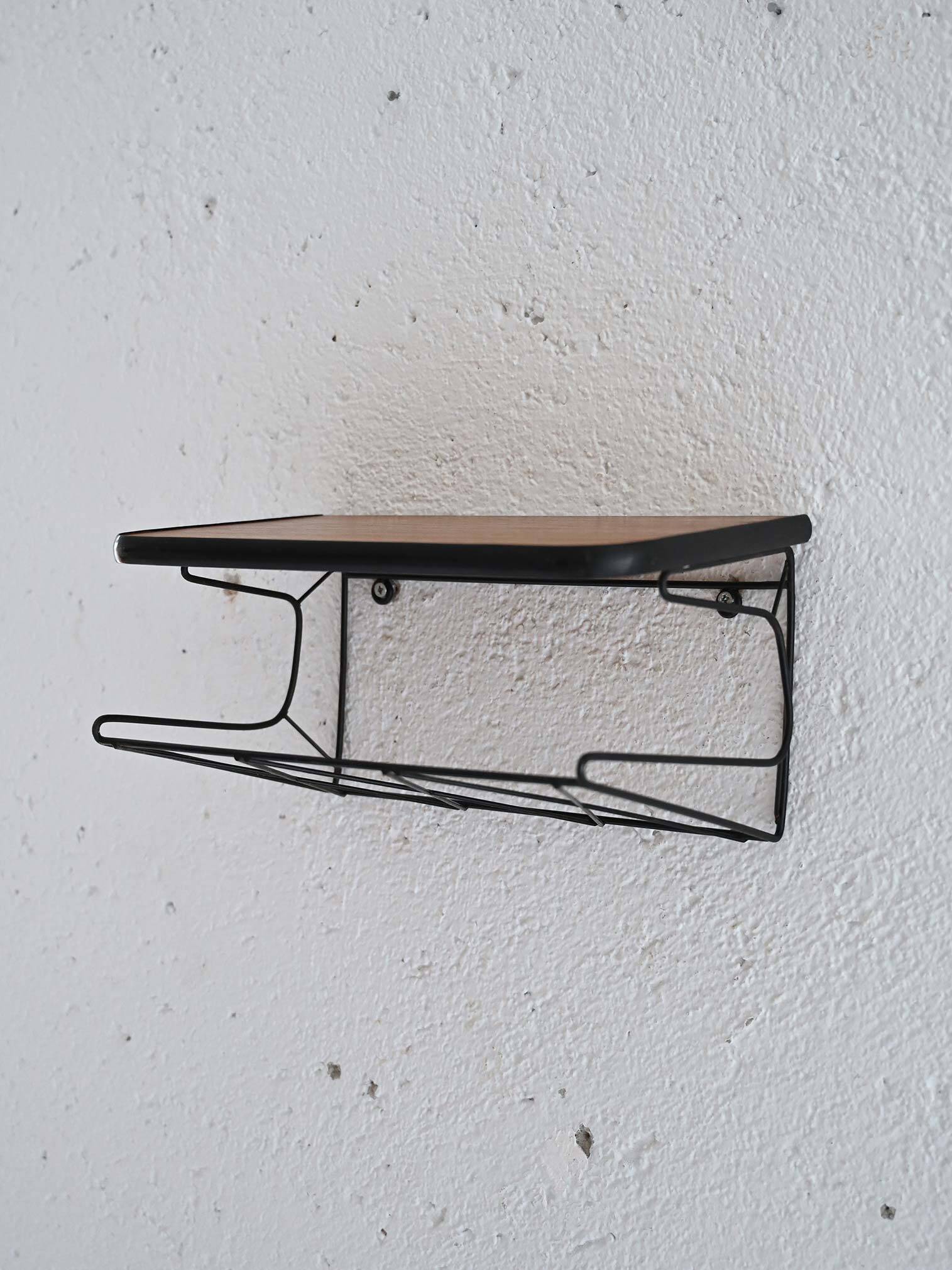 Teak and metal wall-mounted bedside table