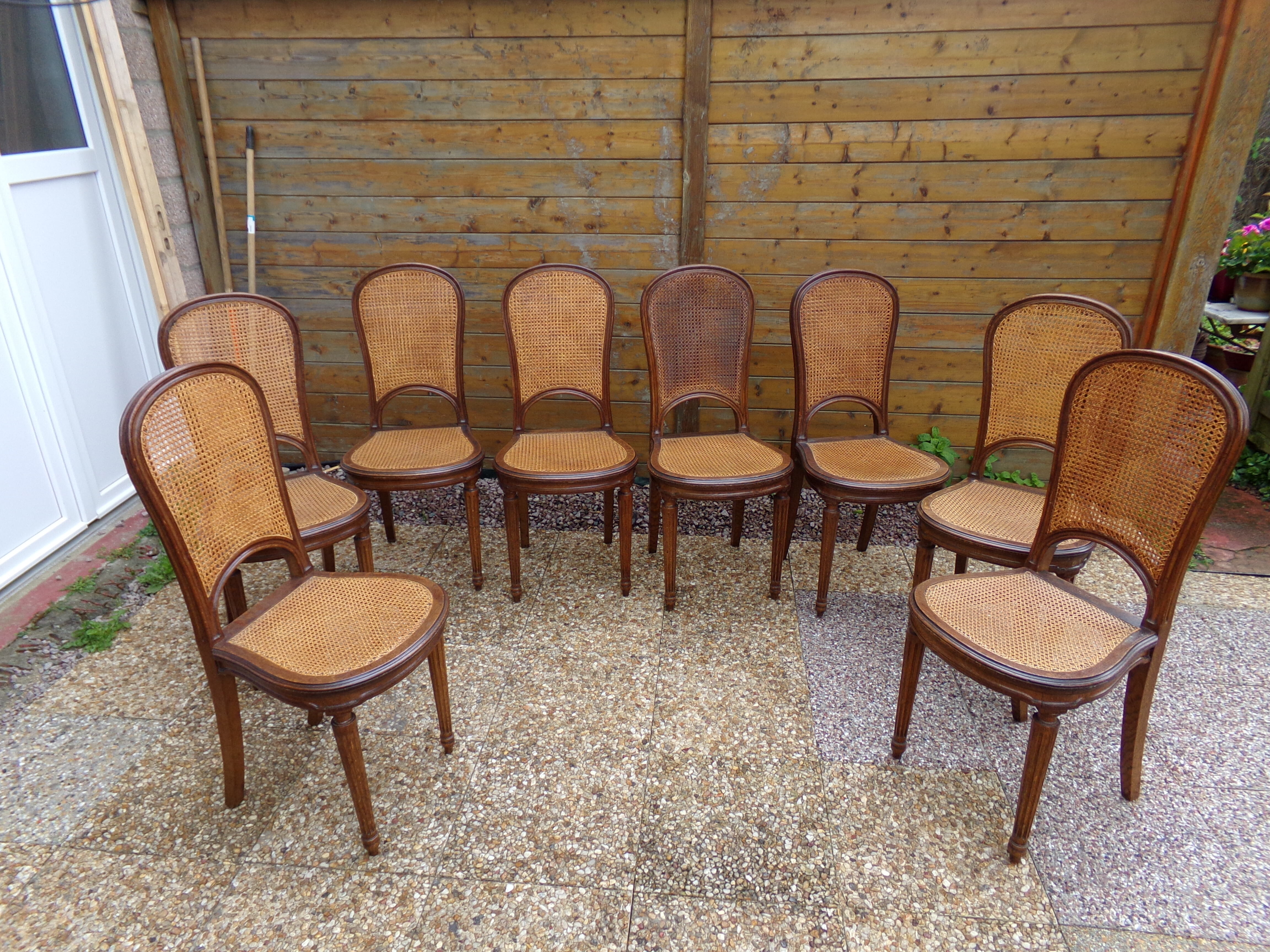 Set of 8 Louis XVI style convertible chairs, canned, racket backrest