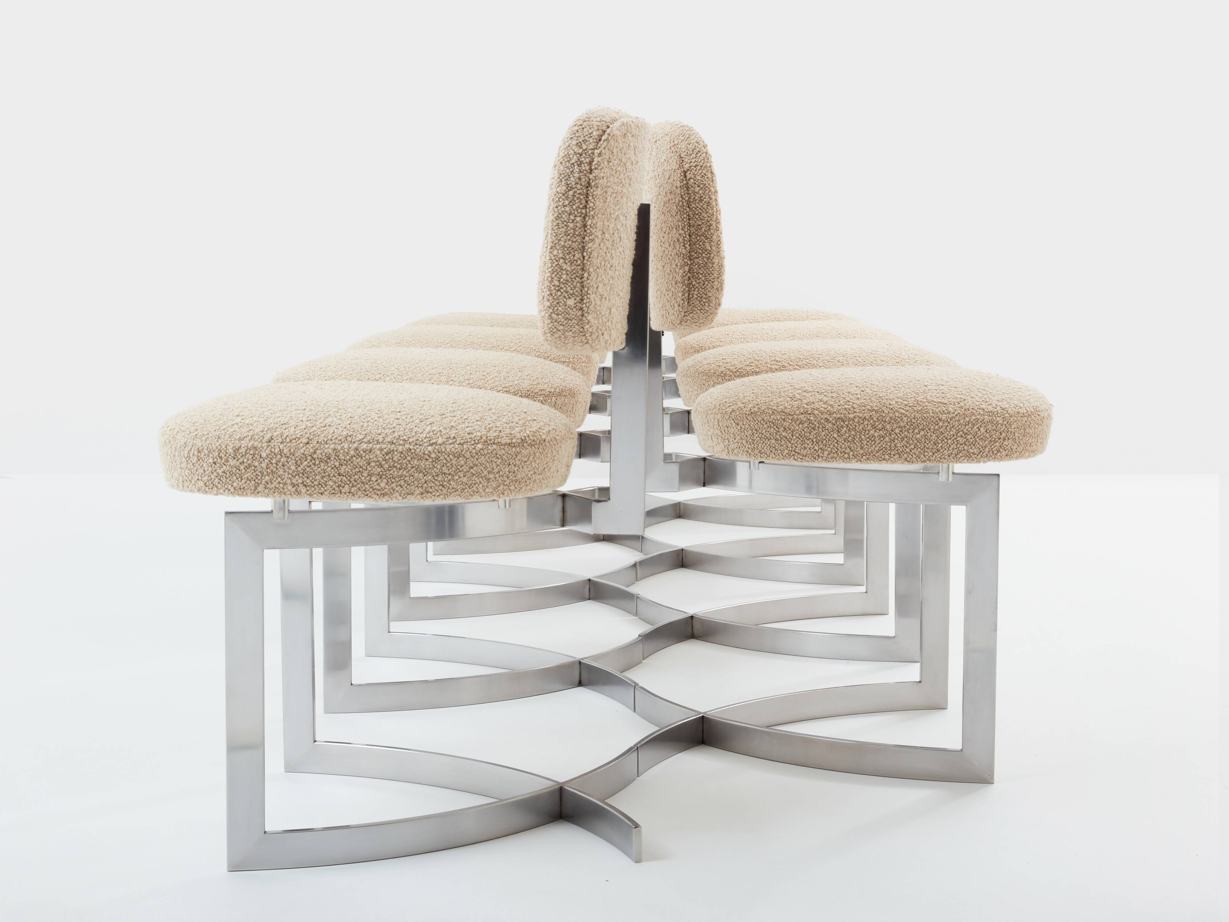 Paul Legeard set of 12 stainless steel and curly wool chairs 1970