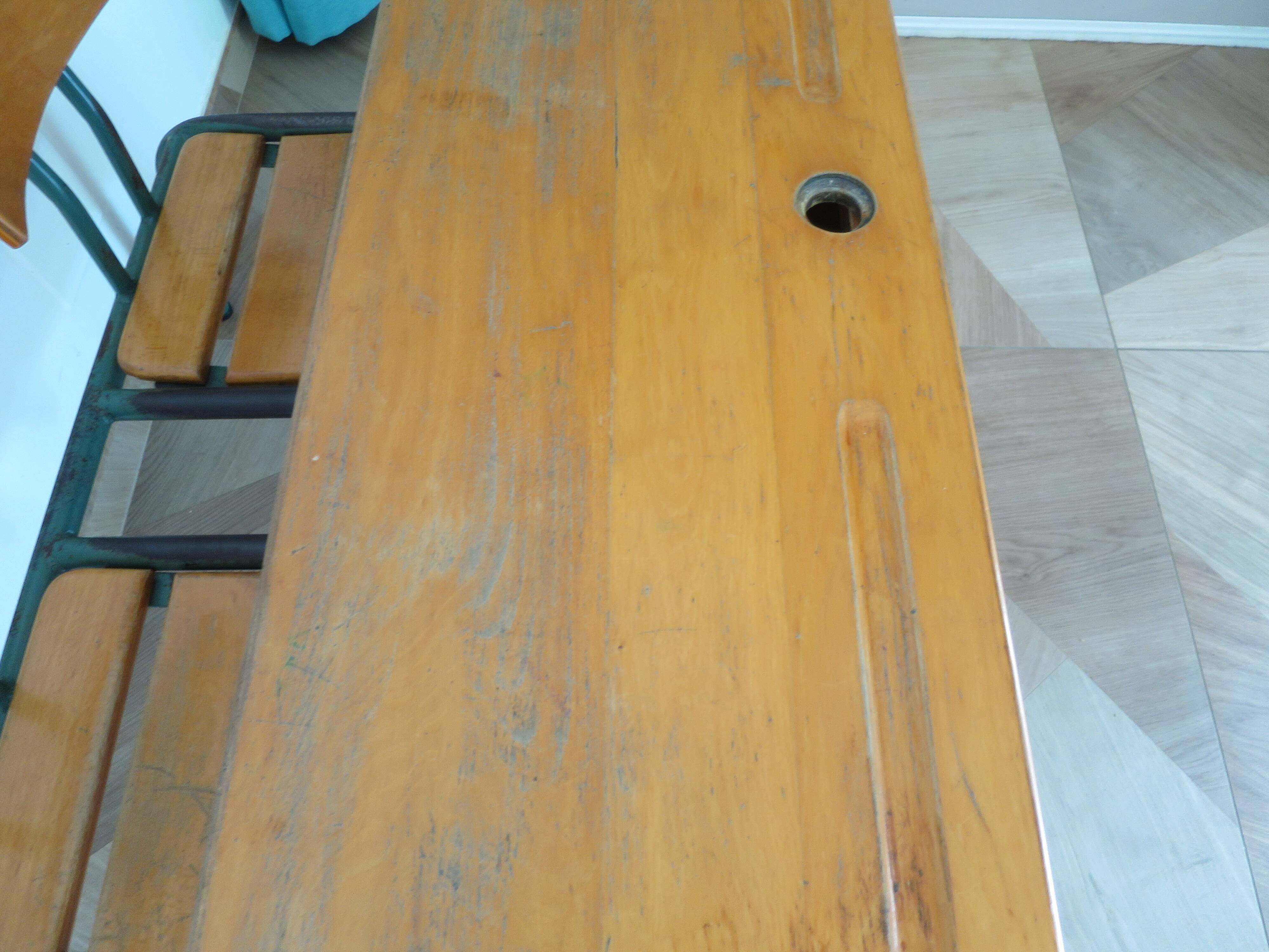 Bureau d’écolier vintage en bois et métal - Bureau double