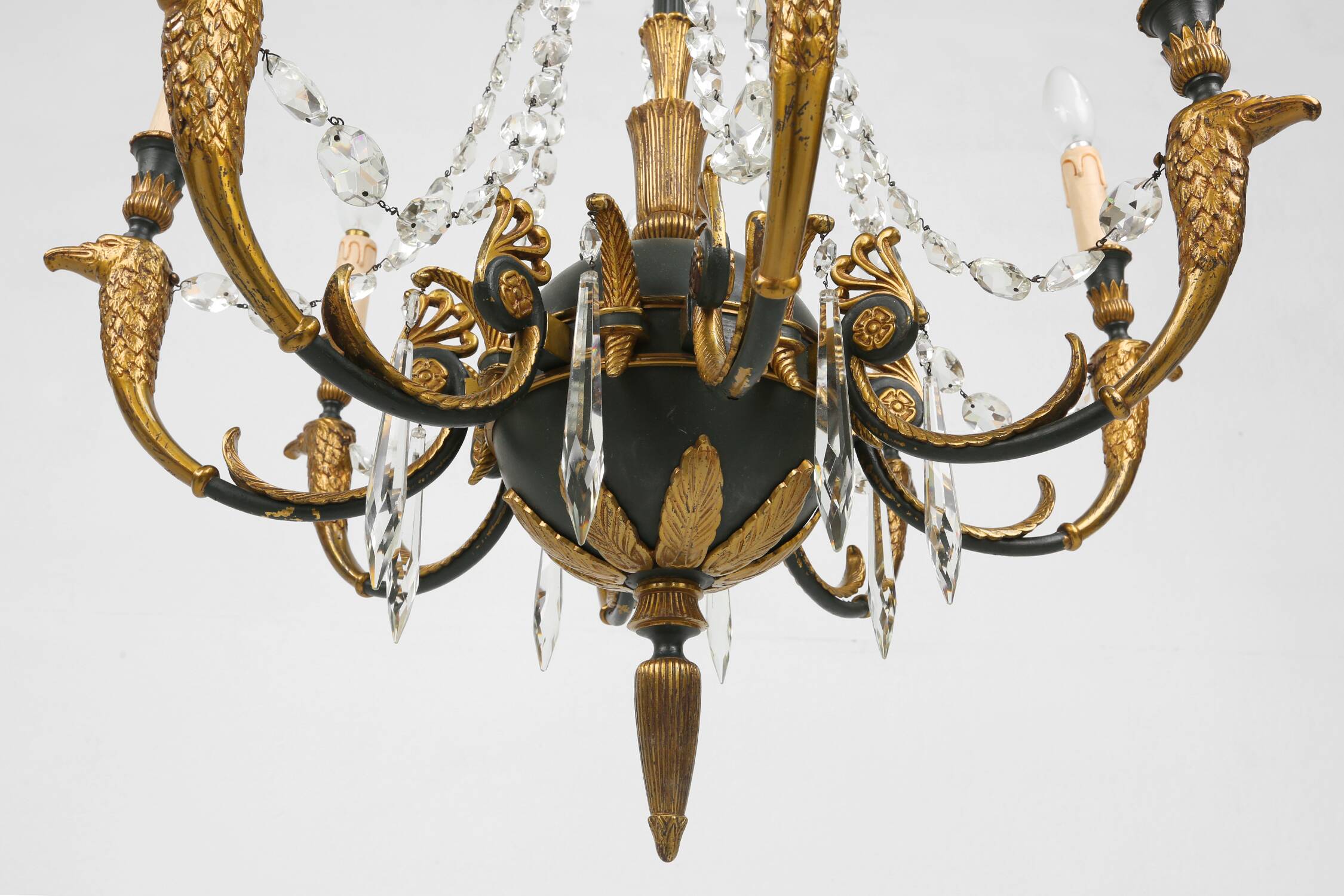 Impressive set of a large bronze Empire Chandelier with 2 wall lights, Belgium ca. 1950