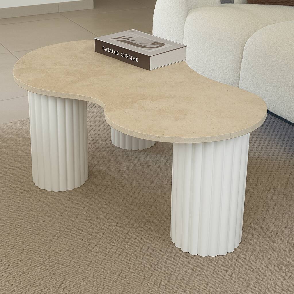 "Pear" coffee table in travertine and fluted wood | white oak | 3 legs
