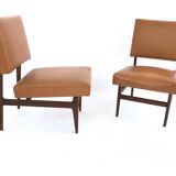 Pair of Vintage Camel Skai Lounge Chairs with Ebonized Wood Frame by Dassi
