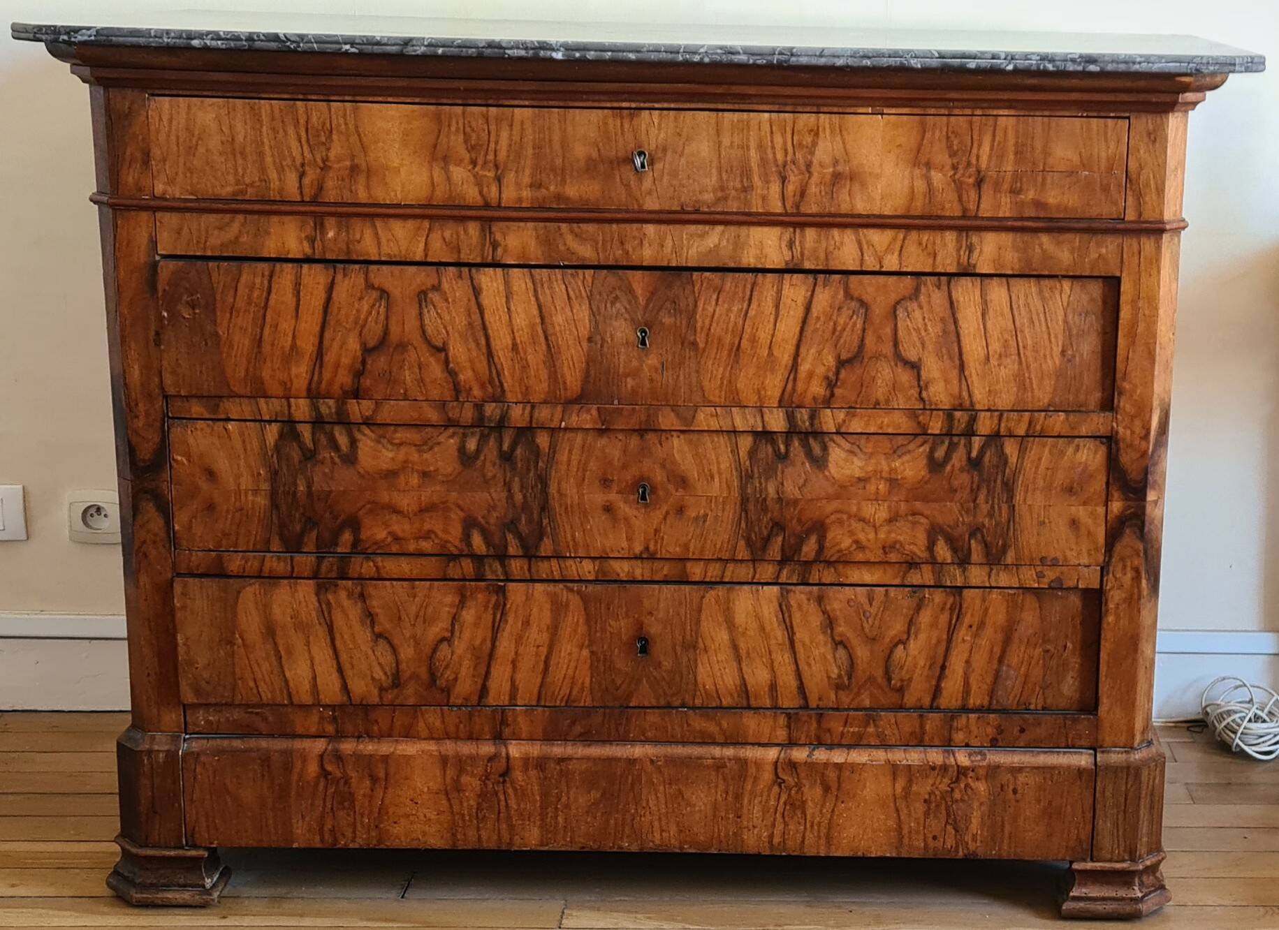 Louis Philippe walnut commode from the 19th century + grey Saint-Anne marble