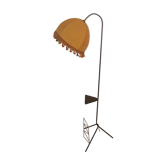 Vintage black metal tripod floor lamp with magazine rack and shelf