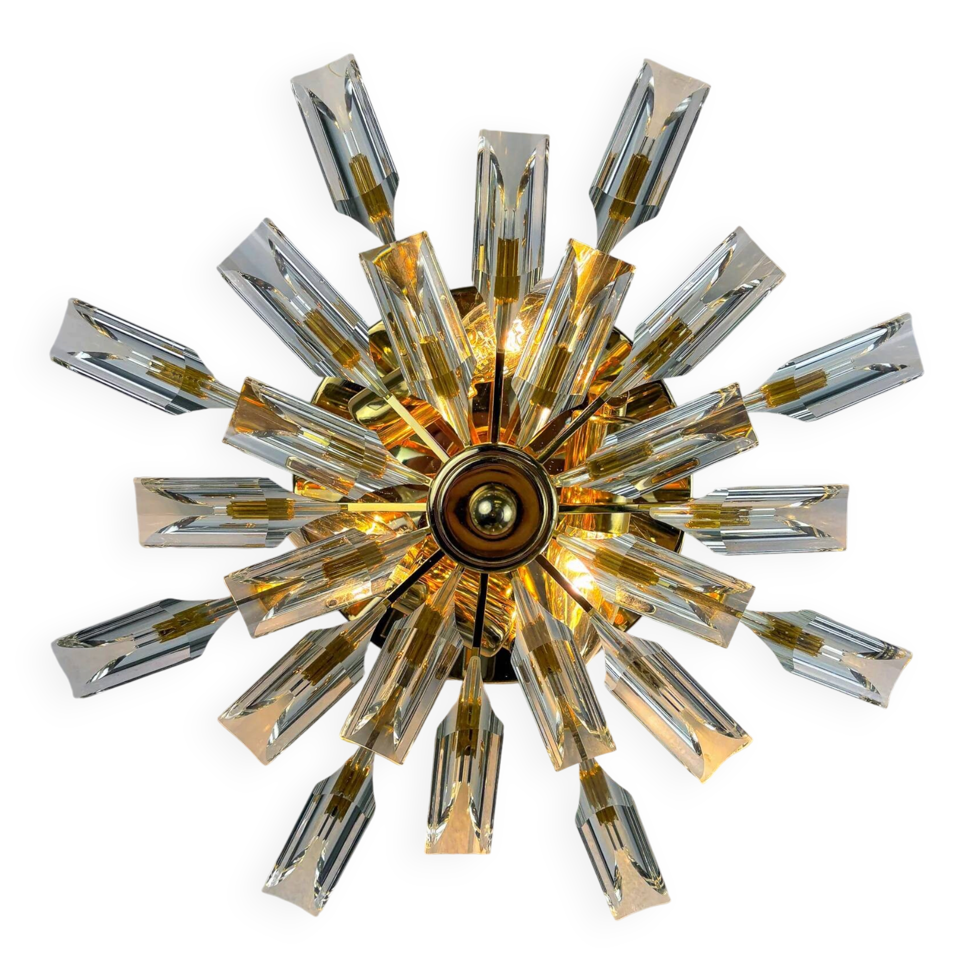 Sun-shaped ceiling or wall light by Oscar Torlasco for StilKronen, cut Murano glass, Italy, 1970s