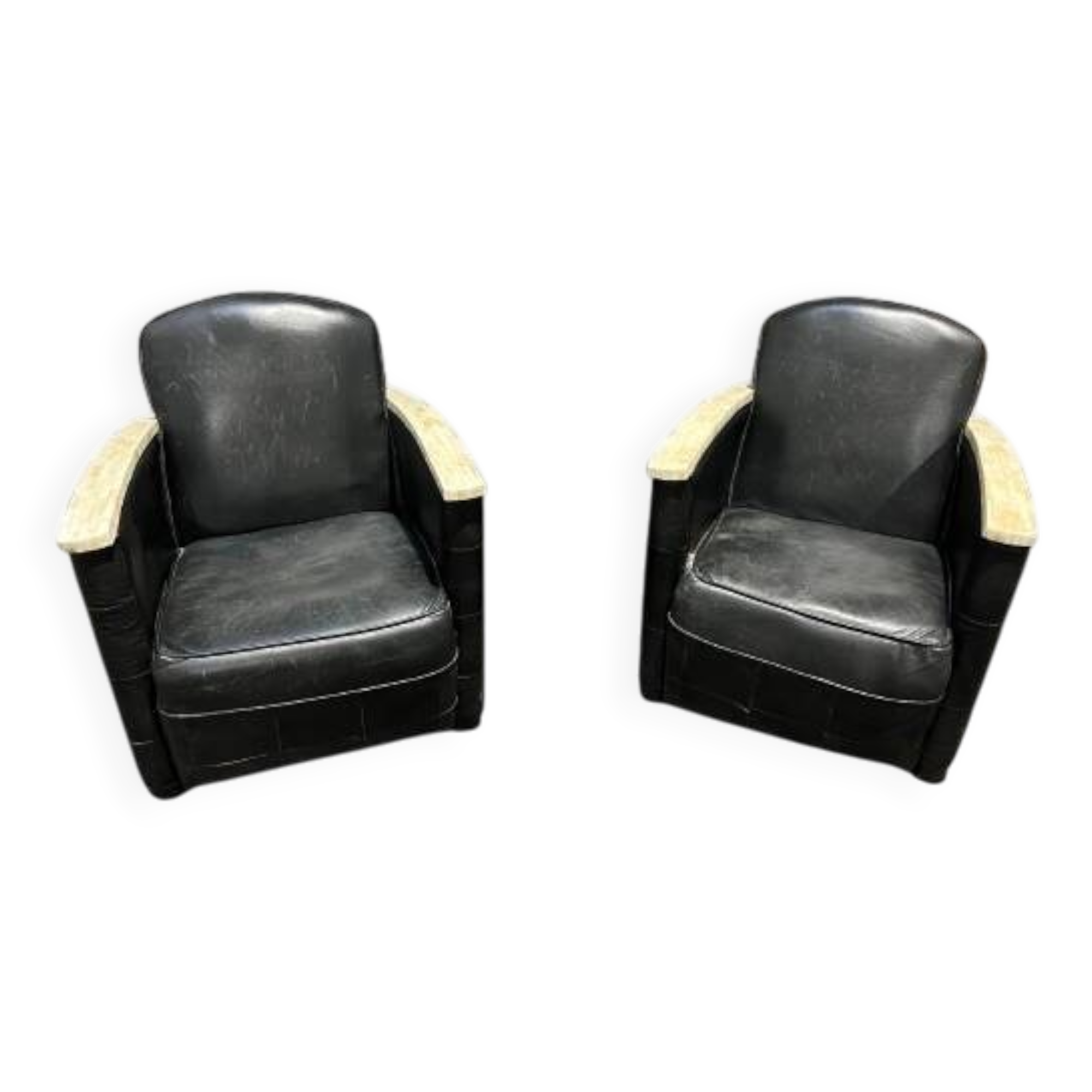 Pair of leather armchairs with marquetry armrests