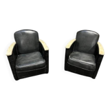 Pair of leather armchairs with marquetry armrests