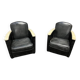 Pair of leather armchairs with marquetry armrests