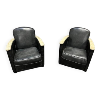 Pair of leather armchairs with marquetry armrests
