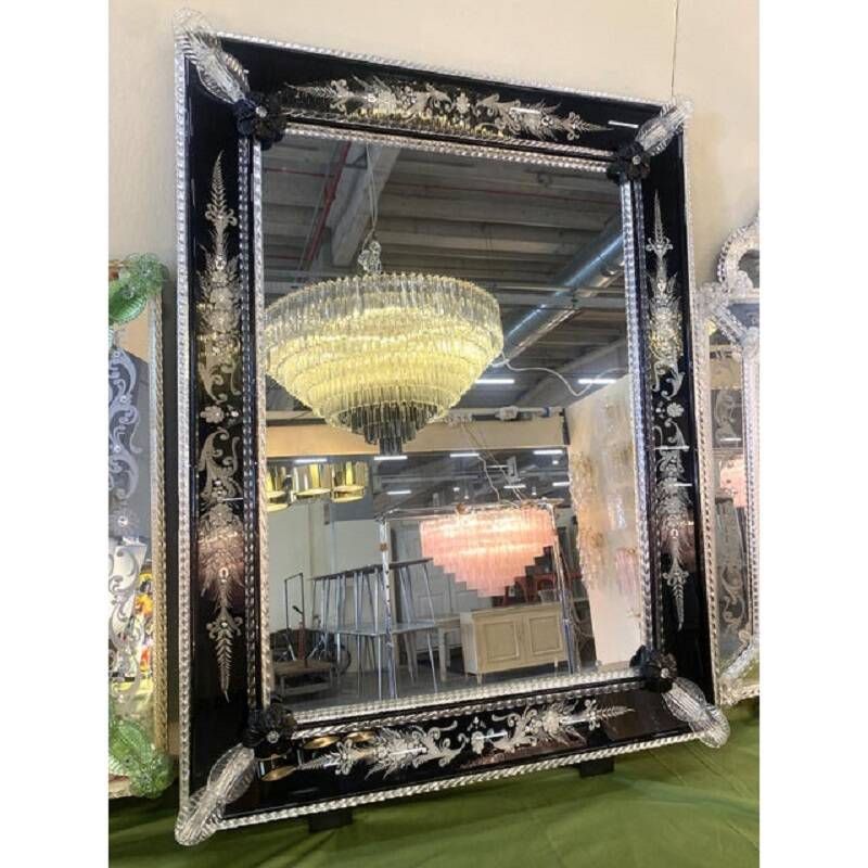 21st Century Venetian Black Floreal Hand-Carving Wall Mirror in Murano Glass