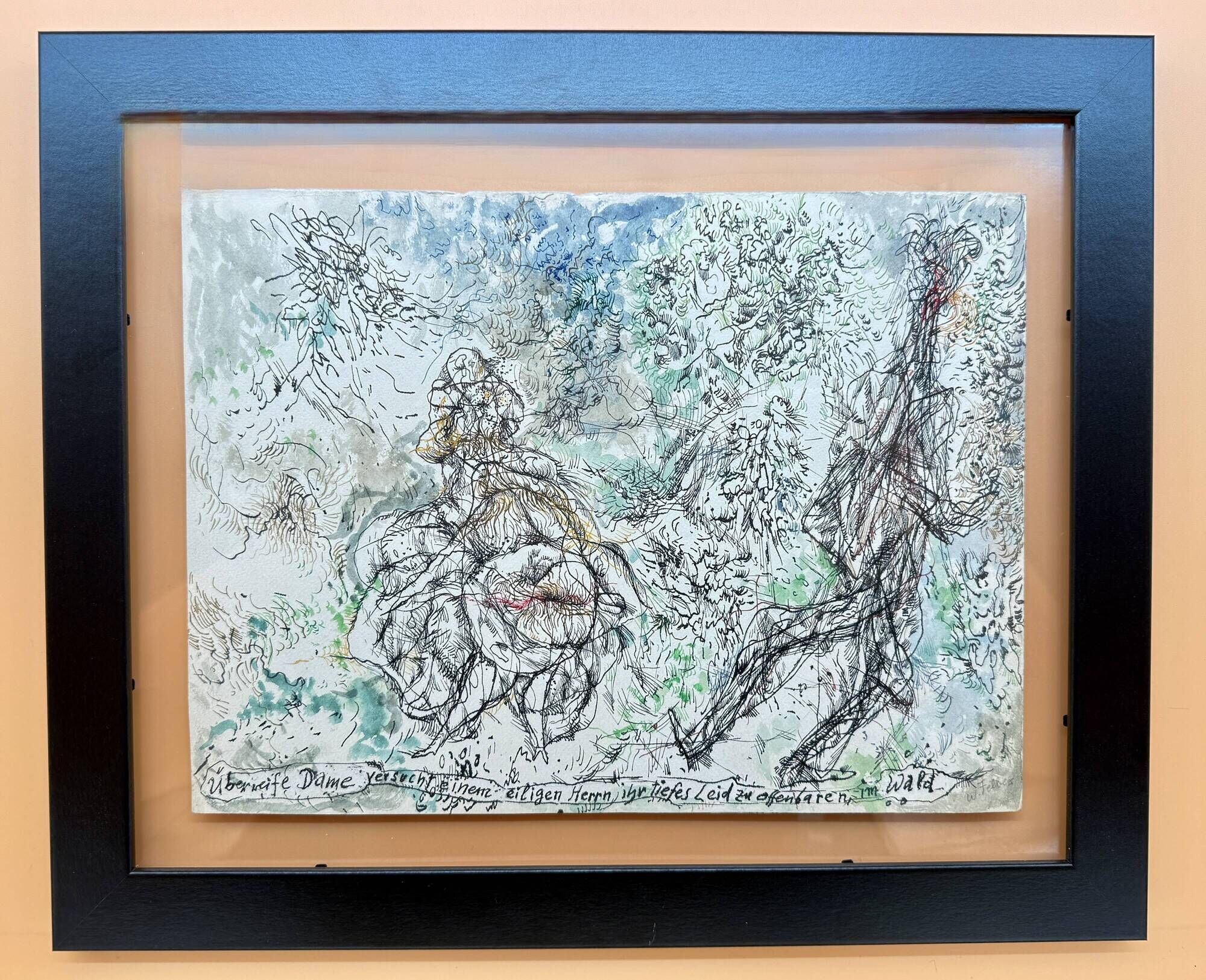 Wolfgang Felber – Figurative Drawing, Ink, Double Glass Frame