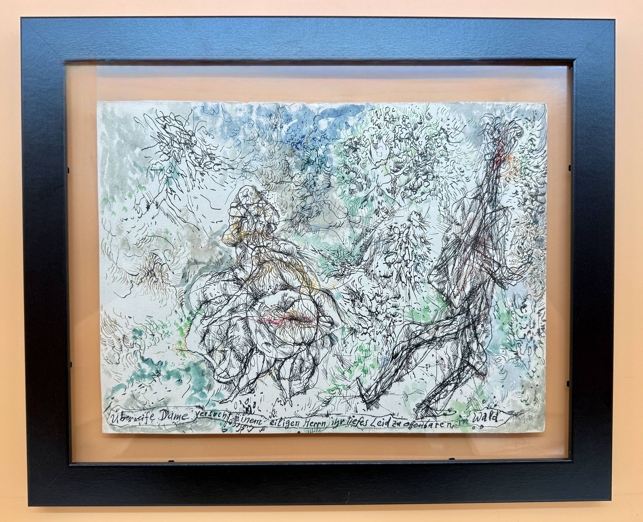 Wolfgang Felber – Figurative Drawing, Ink, Double Glass Frame