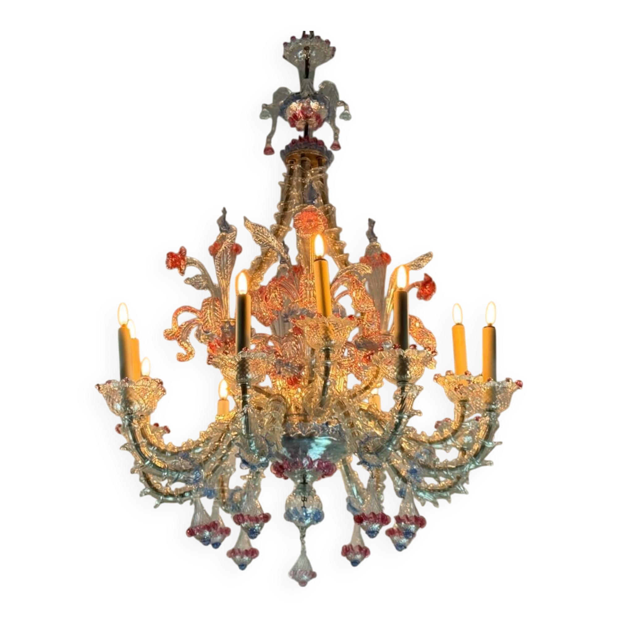 Rezzonico Venetian chandelier in colorless, blue and red Murano glass, circa