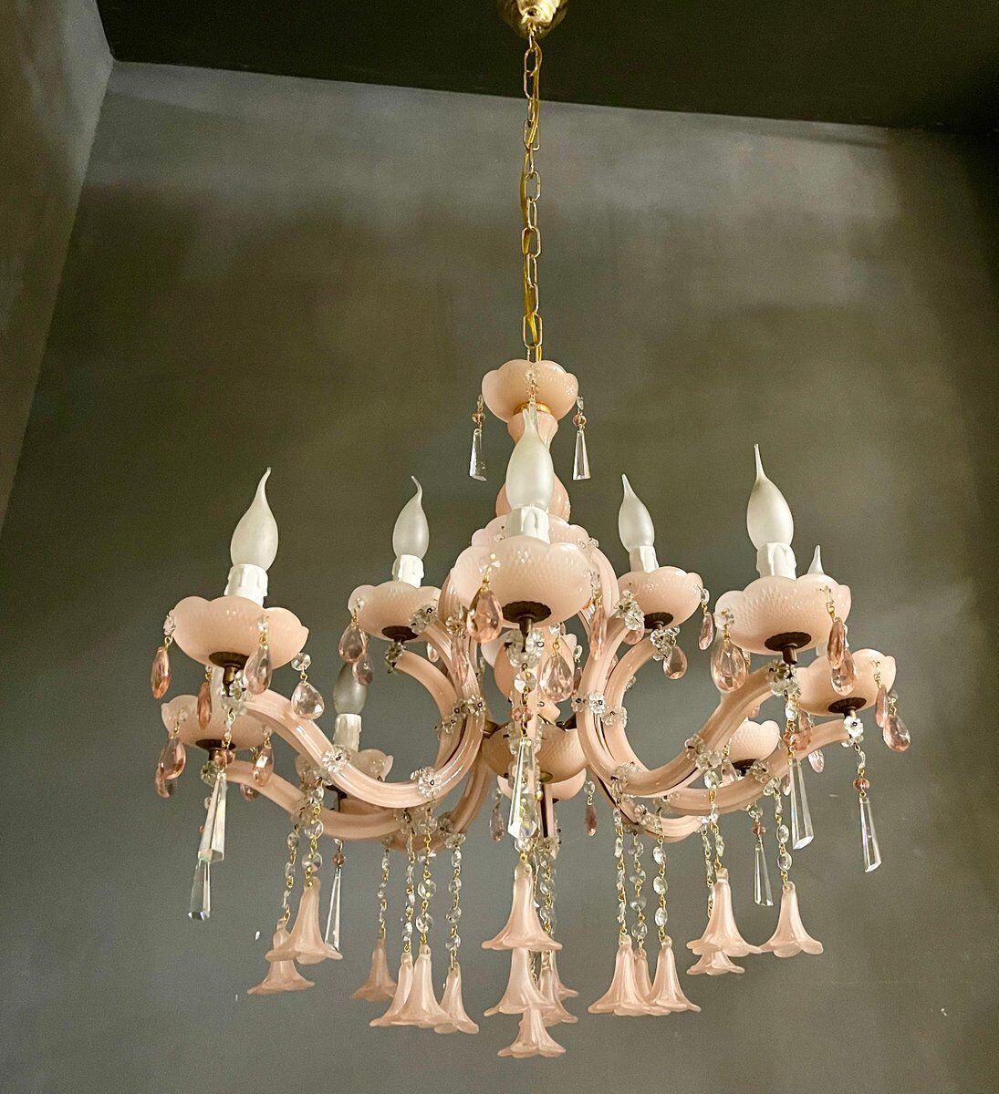 Vintage Italian Pink Opaline Murano Glass Chandelier