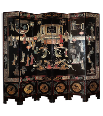 Paravent chinois xixème siècle en laque de coromandel, 6 panneaux | Selency