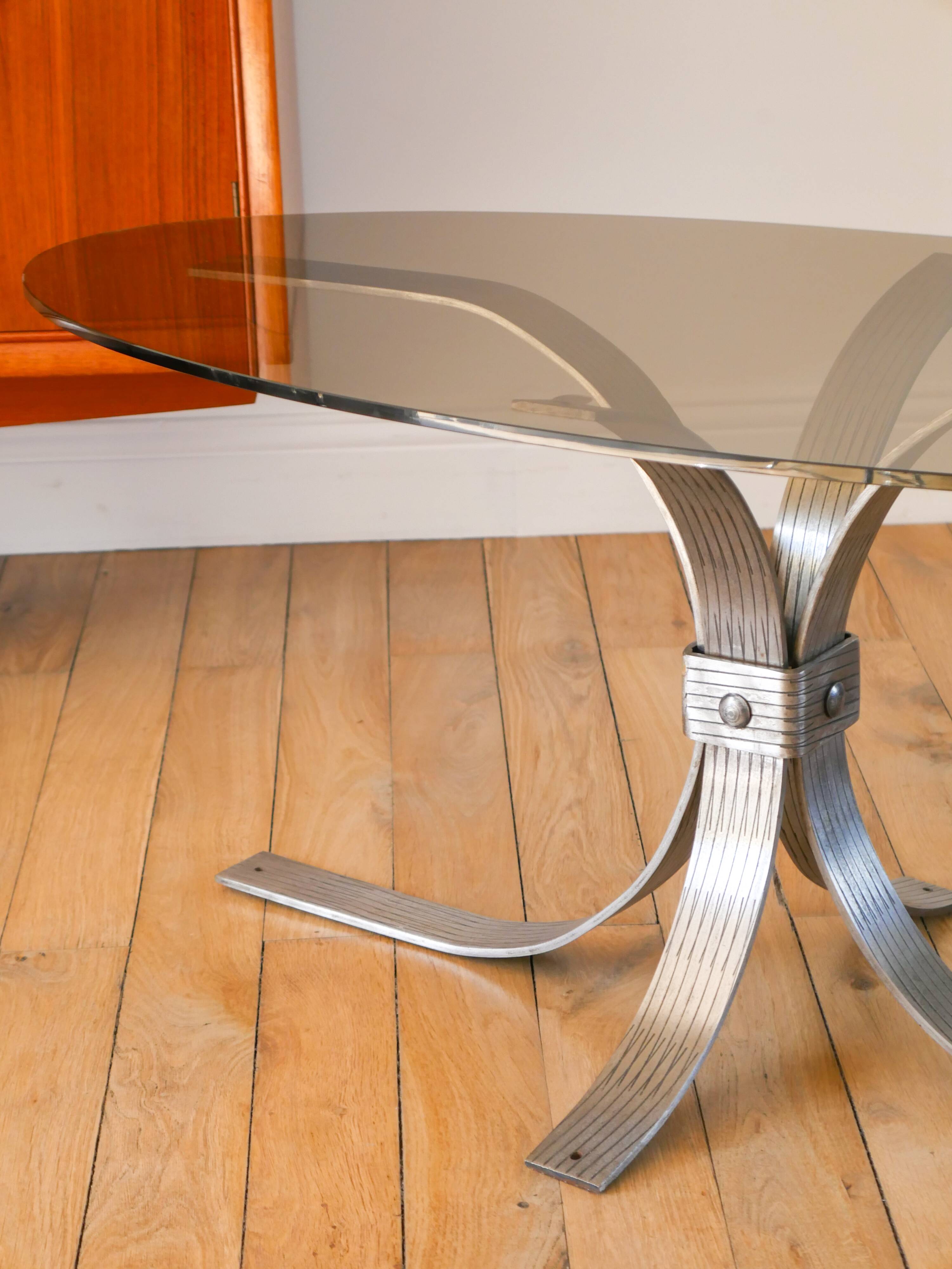 Oval coffee table in smoked glass and brushed steel, 1968