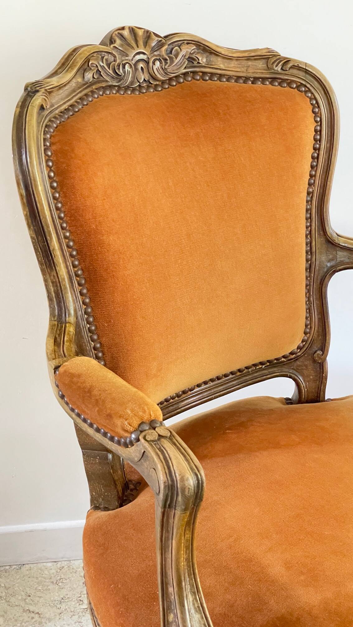 Vintage French Curry Velvet Cabriolet Armchair