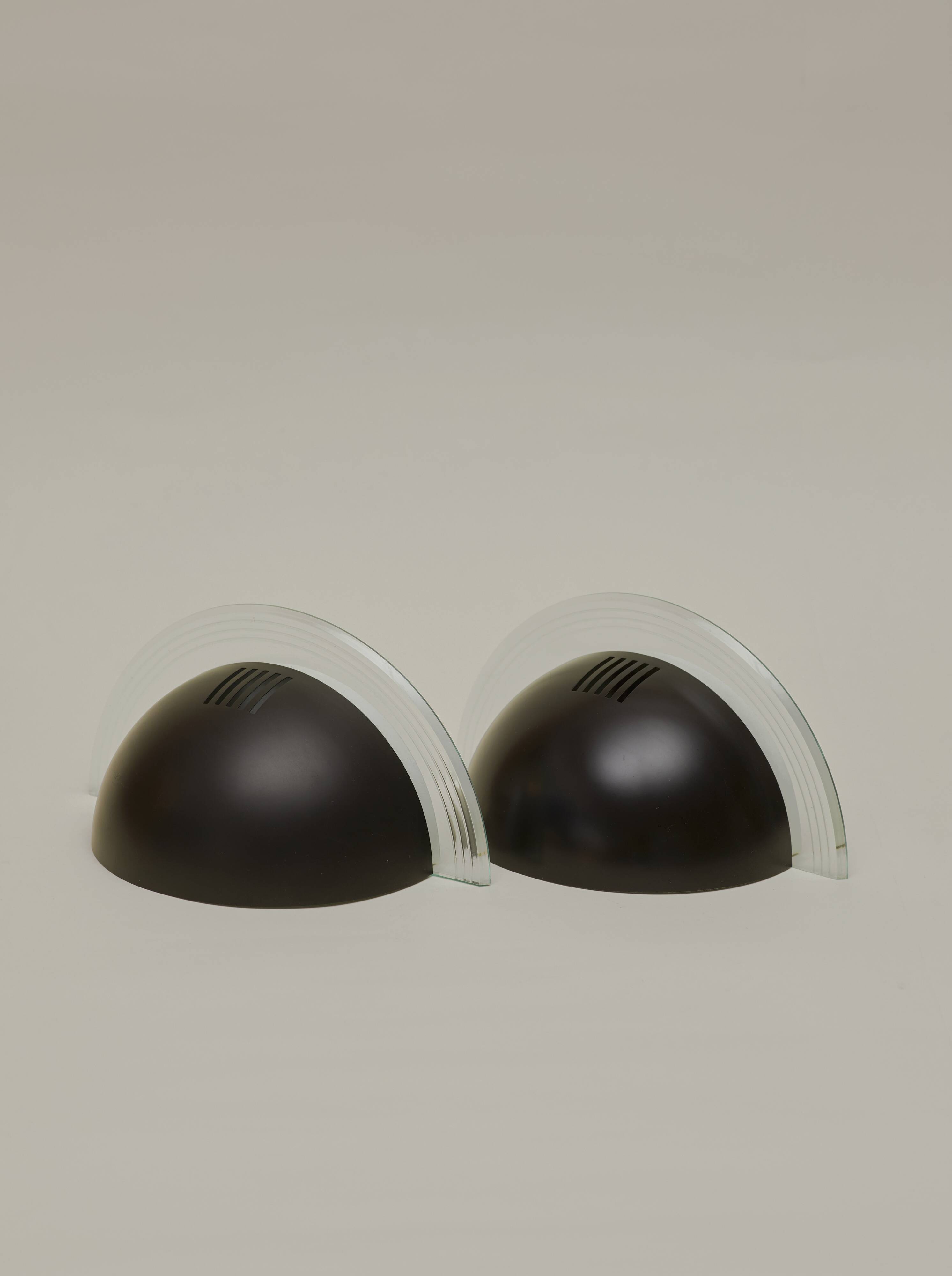Pair of half-moon metal and lucite wall lights Postmodern Memphis vintage Circa 1980