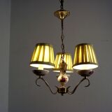 french vintage 3 light porcelain with rose decoration & gold metal chandelier cream shades